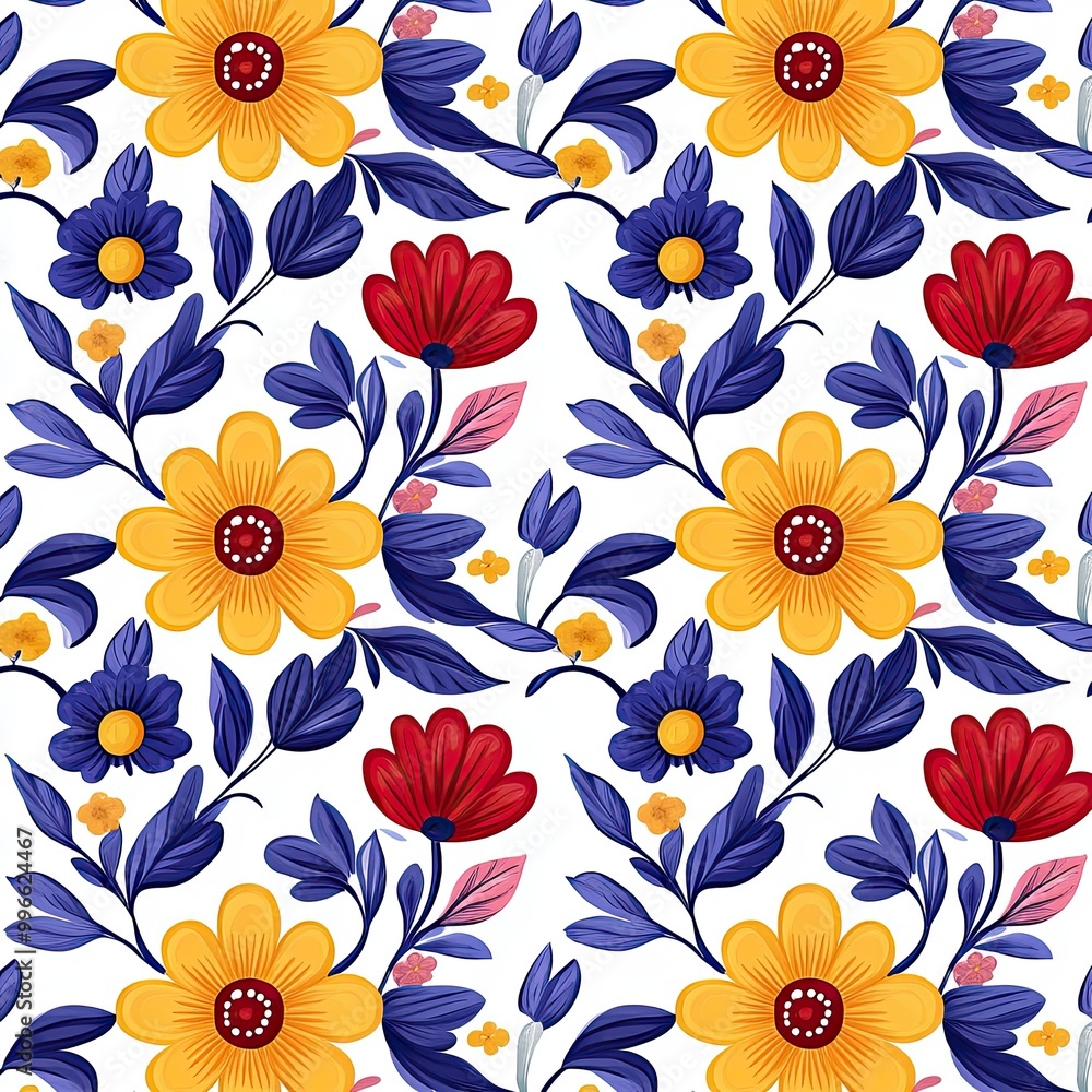 custom made wallpaper toronto digitalBeautiful floral pattern featuring vibrant yellow, red, and blue flowers against a clean white background, perfect for various designs.