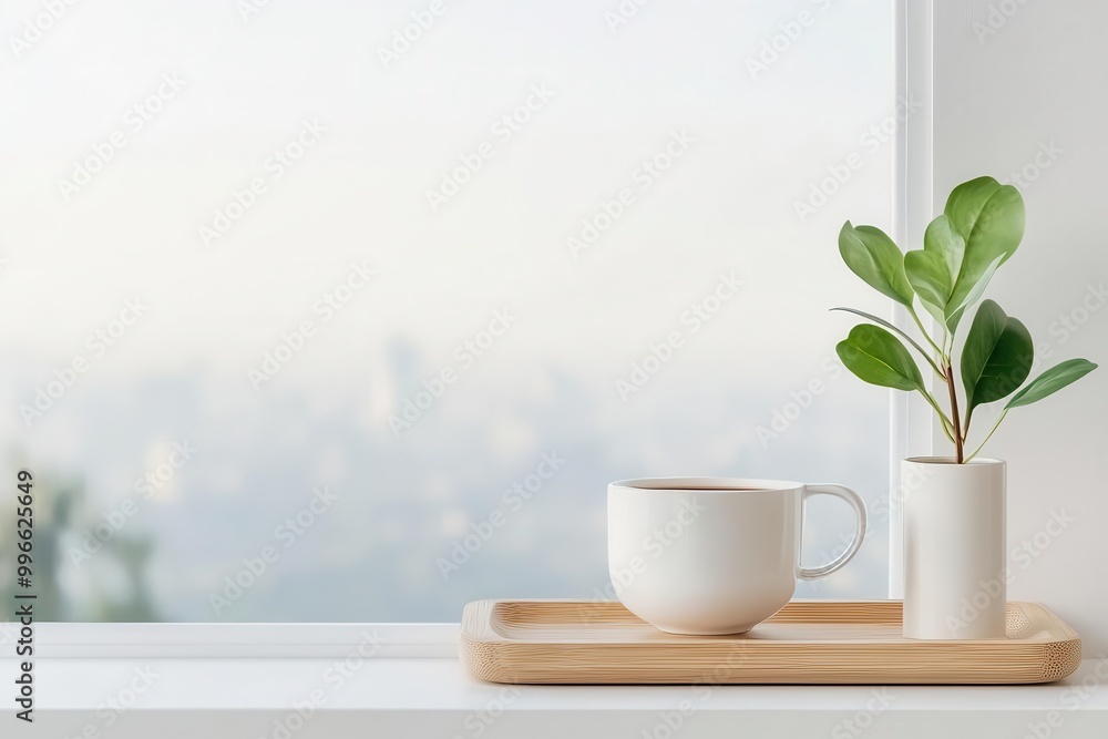 White mug and potted plant on a wooden tray near a window with city view. White mug and potted plant on a wooden tray near a window with city view.