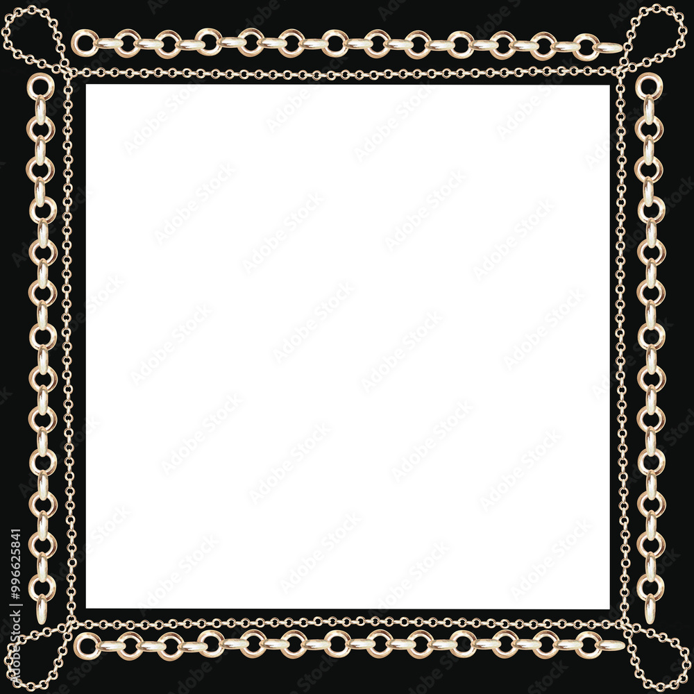 Square frame with different size gold chains on black in realistic style. Isolated watercolor illustration for scarf design, magazines, web pages, jewelry blogs, fairs and sales Square frame with different size gold chains on black in realistic style. Isolated watercolor illustration for scarf design, magazines, web pages, jewelry blogs, fairs and sales