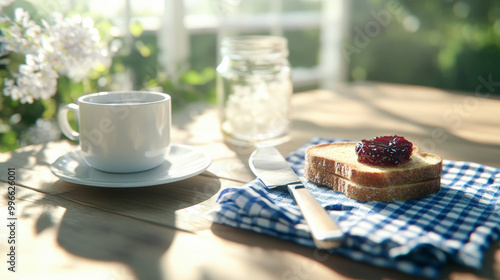 A cozy breakfast setup with a cup of coffee, jar, and toast with jam on a cloth, illuminated by soft morning light. photo