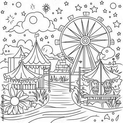 A cheerful summer festival with games and rides, coloring page for kids, simple outline illustration. Coloring book, simple lines.