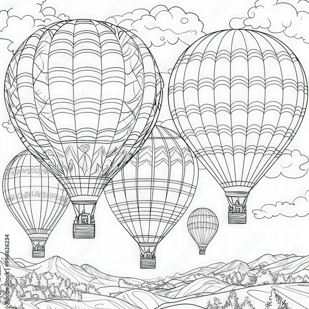 Naklejka premium A colorful hot air balloon festival, coloring page for kids, simple outline illustration. Coloring book, simple lines.