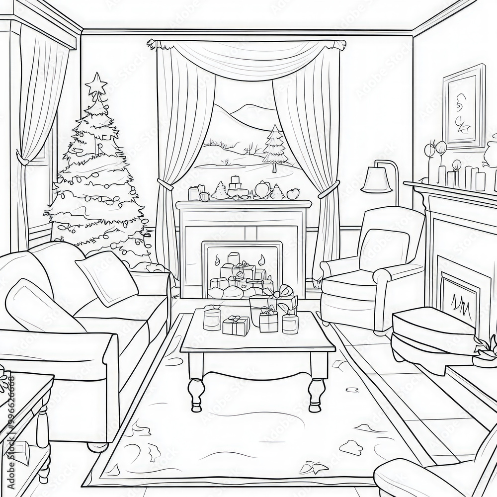A cozy family living room during the holidays, coloring page for kids, simple outline illustration. Coloring book, simple lines. A cozy family living room during the holidays, coloring page for kids, simple outline illustration. Coloring book, simple lines.