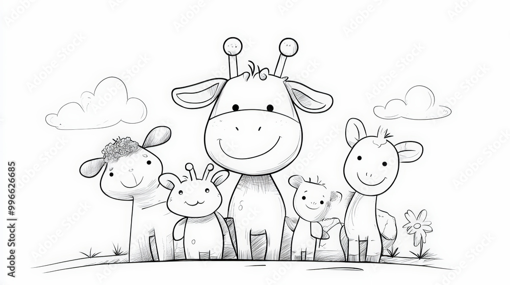 Obraz premium A cute, hand-drawn illustration features a happy family of giraffes standing together on a grassy field under a bright sky with two clouds.