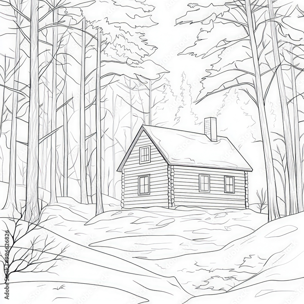 A cozy winter cabin in the woods, coloring page for kids, simple ...