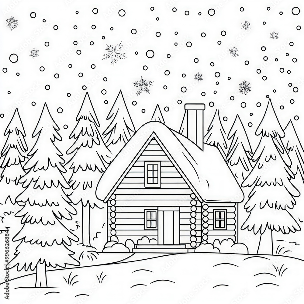 A cozy winter cabin in the woods, coloring page for kids, simple ...