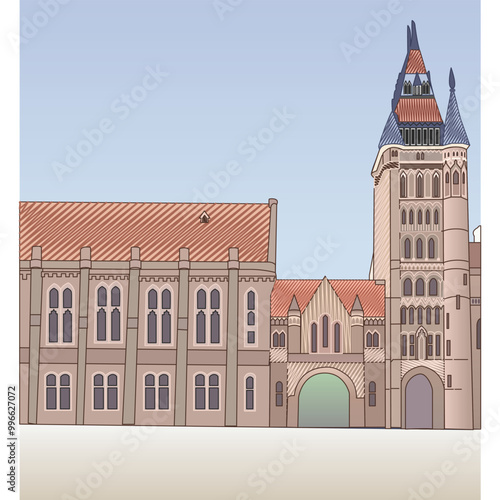 Town Hall building of Manchester. Vector illustration of famous United Kingdom city, flat style. Travel landmark of Great Britain icon.