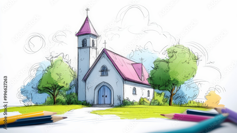 Naklejka premium A charming hand-drawn illustration of a cozy church surrounded by trees, showcasing vibrant colors with pencils in the foreground, hinting at the artist's tools.