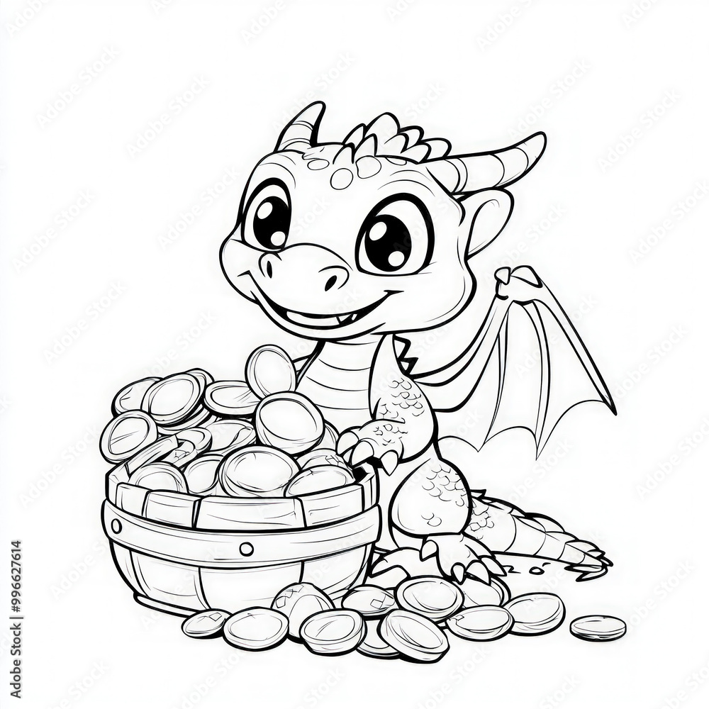 A friendly dragon guarding a treasure, coloring page for kids, simple outline illustration. Coloring book, simple lines. A friendly dragon guarding a treasure, coloring page for kids, simple outline illustration. Coloring book, simple lines.