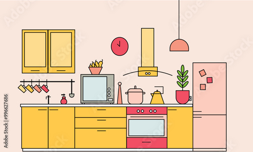 Modern bright kitchen interior, fittings, dishes and kitchen utensils. Cooking equipment. Game background. Vector flat illustration eps 10