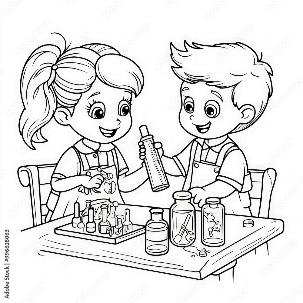 A fun-filled science fair with projects, coloring page for kids, simple outline illustration. Coloring book, simple lines. A fun-filled science fair with projects, coloring page for kids, simple outline illustration. Coloring book, simple lines.