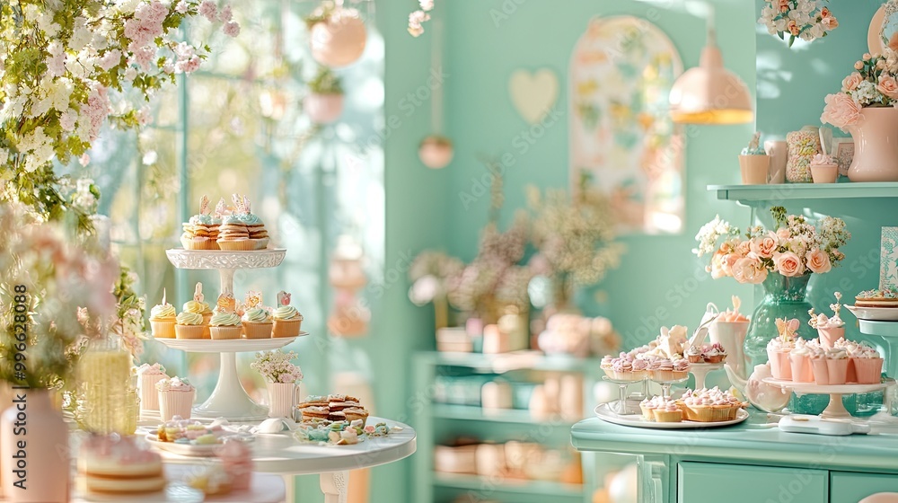 Naklejka premium Charming dessert table adorned with pastel treats and floral decorations, perfect for celebrations and special occasions.