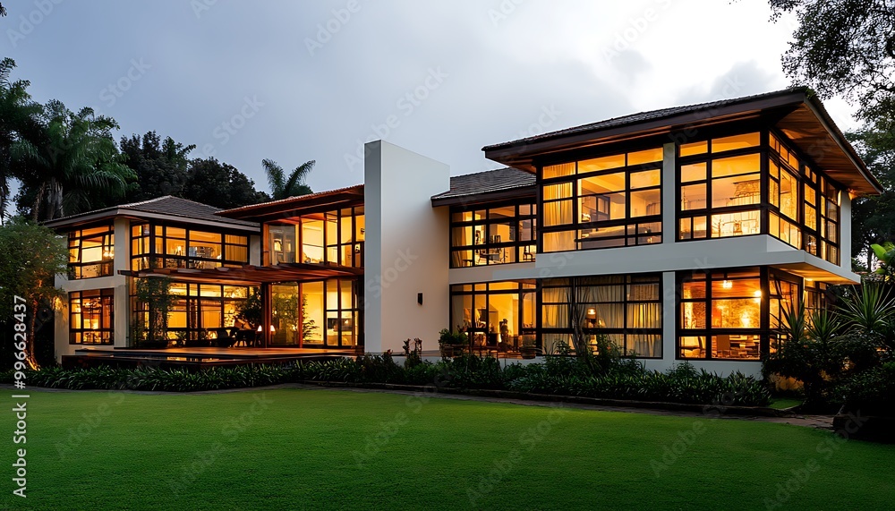 Modern Luxurious Home with Large Windows and Warm Lighting Modern Luxurious Home with Large Windows and Warm Lighting
