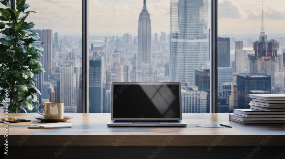 A laptop on a desk with a cup of coffee and books in front of a window with a city view. A laptop on a desk with a cup of coffee and books in front of a window with a city view.