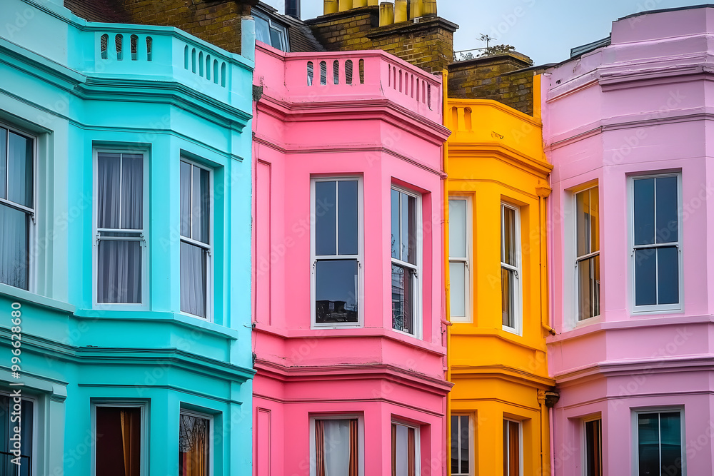 Obraz premium Pastel Houses in Notting Hill, London: Colorful Row of Architectural Beauty