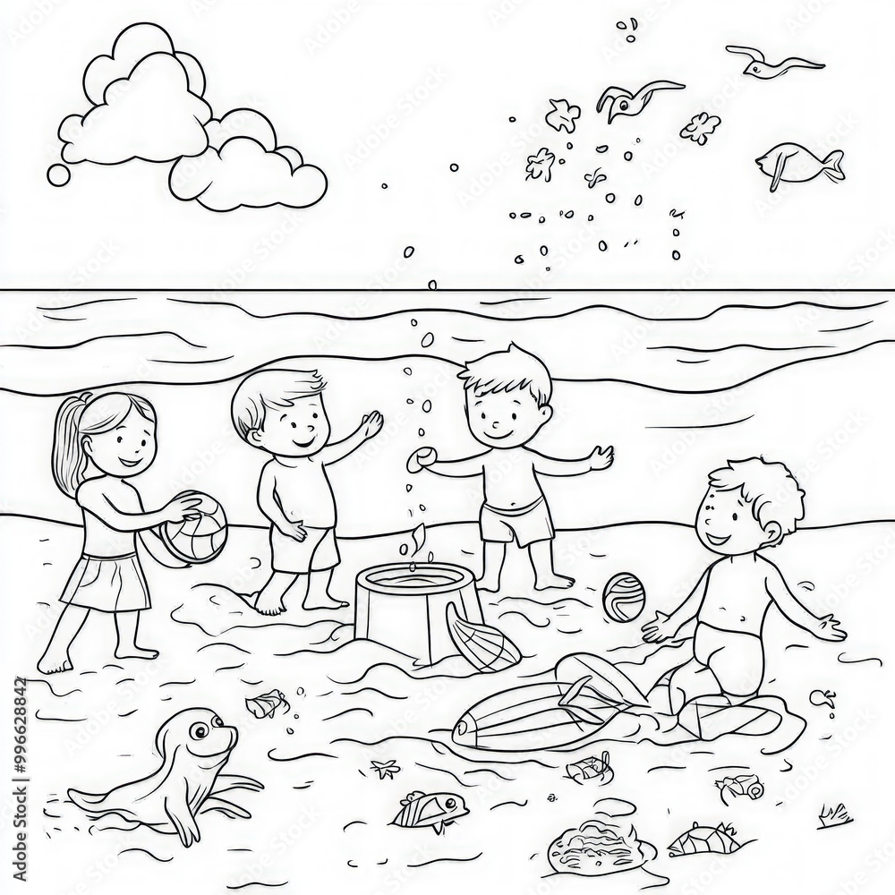 A lively beach scene with children playing in the sand, coloring page for kids, simple outline illustration. Coloring book, simple lines. A lively beach scene with children playing in the sand, coloring page for kids, simple outline illustration. Coloring book, simple lines.