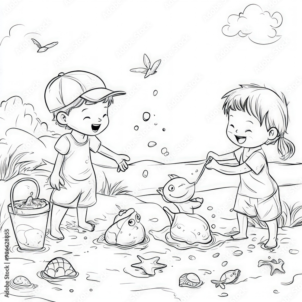 A lively beach scene with children playing in the sand, coloring page for kids, simple outline illustration. Coloring book, simple lines. A lively beach scene with children playing in the sand, coloring page for kids, simple outline illustration. Coloring book, simple lines.