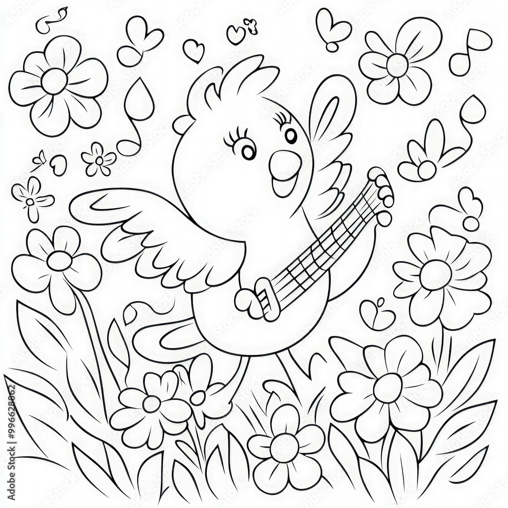 A lively spring festival with flowers and music, coloring page for kids, simple outline illustration. Coloring book, simple lines. A lively spring festival with flowers and music, coloring page for kids, simple outline illustration. Coloring book, simple lines.