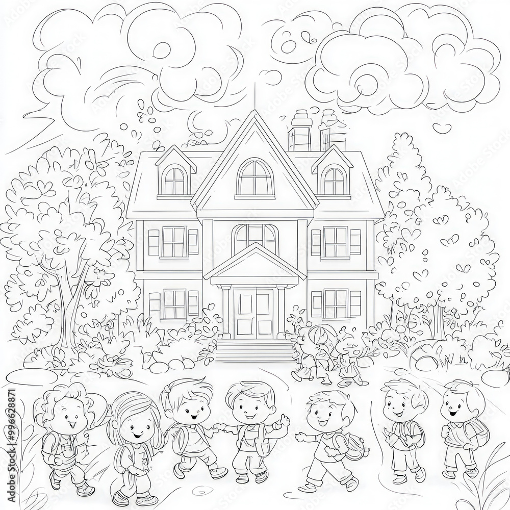 A lively back-to-school scene with friends, coloring page for kids, simple outline illustration. Coloring book, simple lines. A lively back-to-school scene with friends, coloring page for kids, simple outline illustration. Coloring book, simple lines.