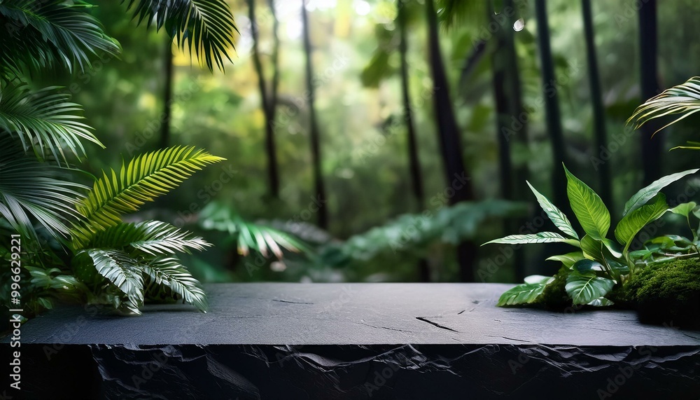 Black countertop in forest jungle for product. Empty concrete countertop outdoor. Stone podium for beauty presentation. tropical island with trees Black countertop in forest jungle for product. Empty concrete countertop outdoor. Stone podium for beauty presentation. tropical island with trees