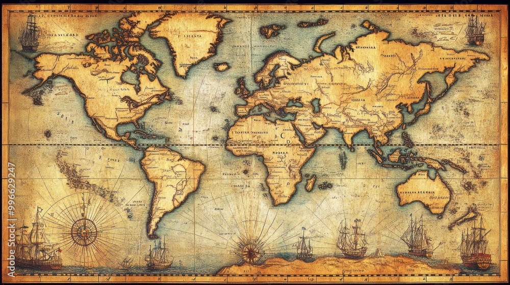 Fototapeta premium Vintage World Map with Ships and Compass Rose.