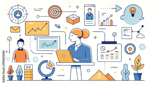 Business Workflow Illustrations: Project Management in Conference Rooms, Home Office Client Calls, and Factory Inspections
