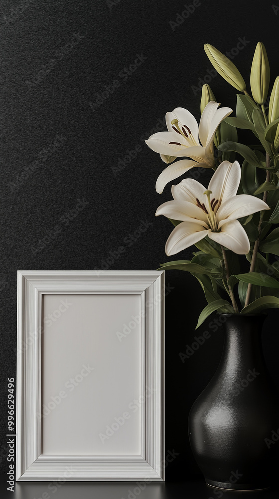 A white frame on the wall, vase with flowers, black background. AI generated A white frame on the wall, vase with flowers, black background. AI generated