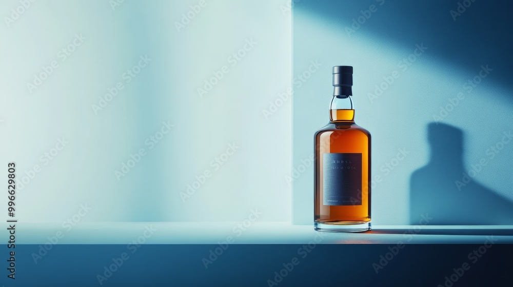The whiskey bottle is positioned on a ledge with a soft, pastel blue backdrop. Its amber liquid gleams under gentle lighting, creating an inviting atmosphere The whiskey bottle is positioned on a ledge with a soft, pastel blue backdrop. Its amber liquid gleams under gentle lighting, creating an inviting atmosphere