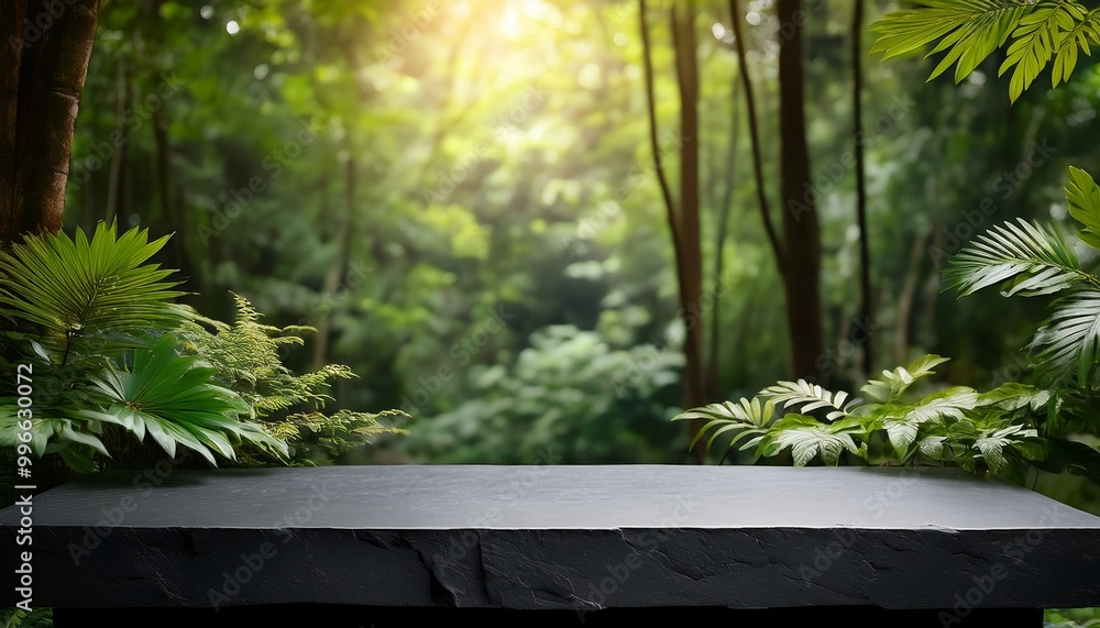 Black countertop in forest jungle for product. Empty concrete countertop outdoor. Stone podium for beauty presentation. tropical island with trees Black countertop in forest jungle for product. Empty concrete countertop outdoor. Stone podium for beauty presentation. tropical island with trees