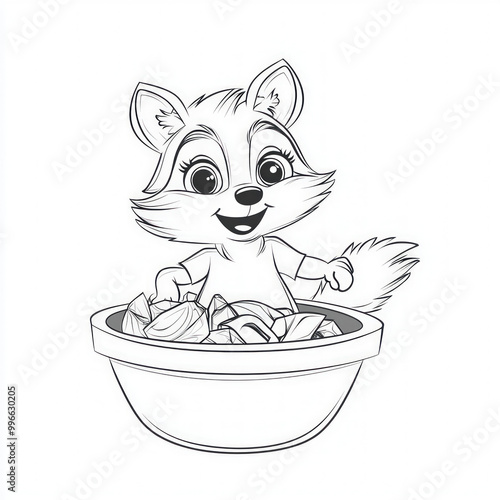 A playful raccoon rummaging through trash, coloring page for kids, simple outline illustration. Coloring book, simple lines. photo