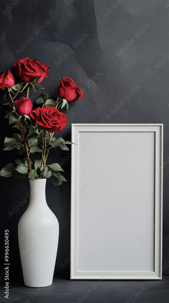 A white frame on the wall, vase with flowers, black background. AI generated A white frame on the wall, vase with flowers, black background. AI generated