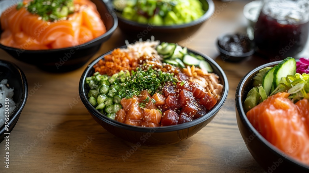 Poke bowl de atún y salmón con pepino, aguacate y salsa, servido en un bol oscuro, adornado con cebollino fresco. Poke bowl de atún y salmón con pepino, aguacate y salsa, servido en un bol oscuro, adornado con cebollino fresco.