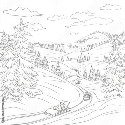 A snowy landscape with children sledding down hills, coloring page for kids, simple outline illustration. Coloring book, simple lines.