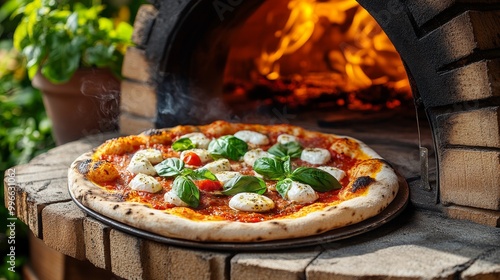 Pizza Margarita cocida al horno de leña, con mozzarella derretida y albahaca fresca, servida en un ambiente al aire libre.