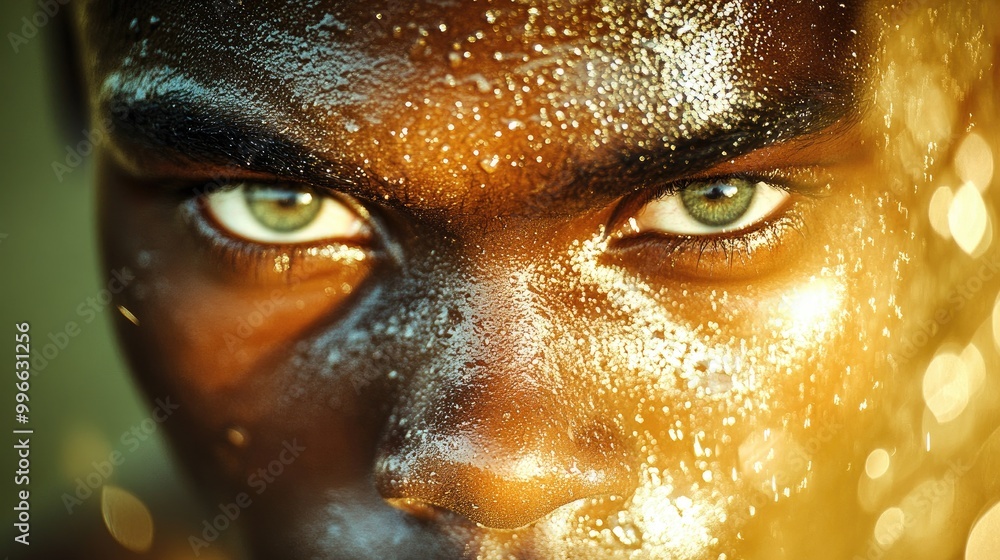 Close-up of a person with captivating green eyes and glistening skin, radiating beauty and intensity in natural light. Close-up of a person with captivating green eyes and glistening skin, radiating beauty and intensity in natural light.