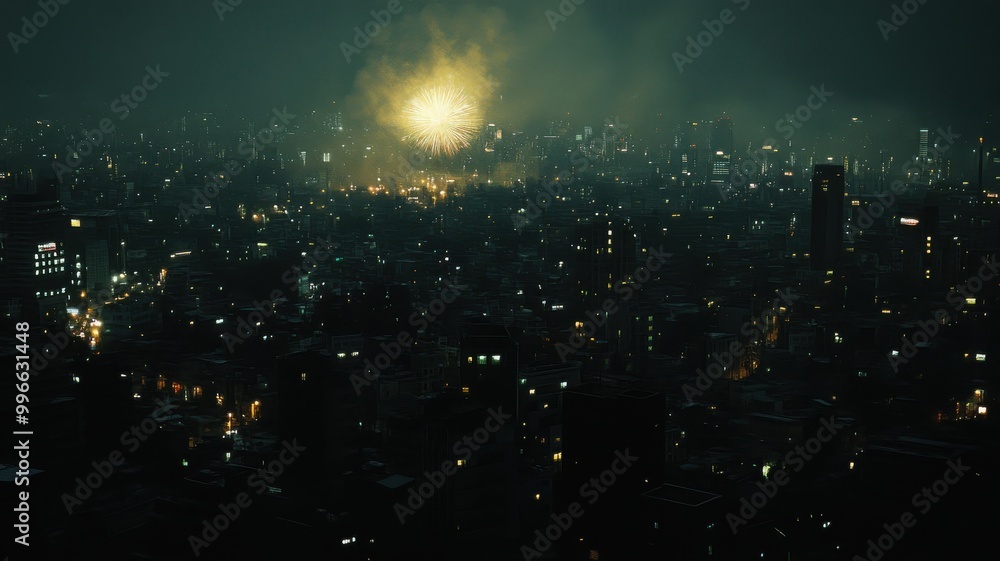 Dramatic cityscape at night with explosion lights illuminating the skyline. Dramatic cityscape at night with explosion lights illuminating the skyline.