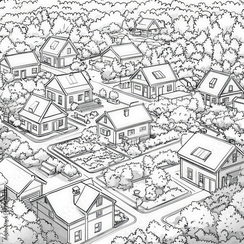 Wallpaper Mural A traditional village with cottages and gardens, coloring page for kids, simple outline illustration. Coloring book, simple lines. Torontodigital.ca