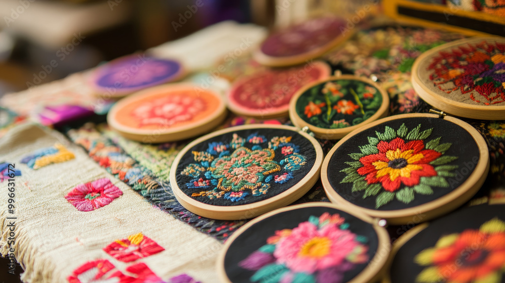 Depict historical or cultural embroidery techniques, such as Japanese sashiko, Indian mirror work, or Mexican folk art. Depict historical or cultural embroidery techniques, such as Japanese sashiko, Indian mirror work, or Mexican folk art.