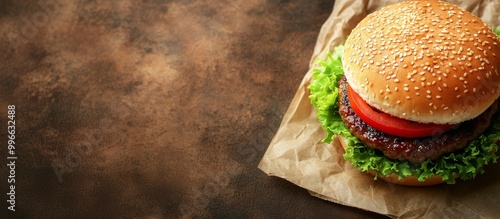 Hamburguesa clásica con lechuga fresca y rodajas de tomate, servida en un panecillo de sésamo, presentada sobre un fondo rústico. photo