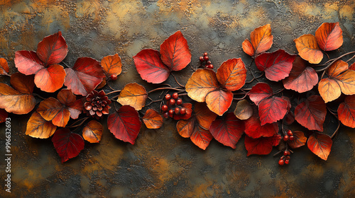 Autumn leaves frame on brown background, Vibrant autumn beech leaves in copper and bronze hues creating a rich textured pattern photo