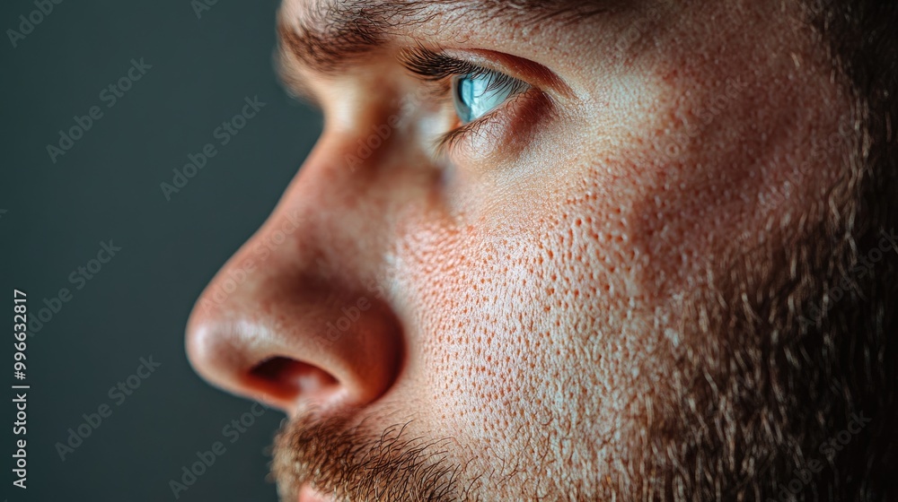 Close-up profile of a man showcasing his intense gaze and well-defined features against a dark background. Close-up profile of a man showcasing his intense gaze and well-defined features against a dark background.