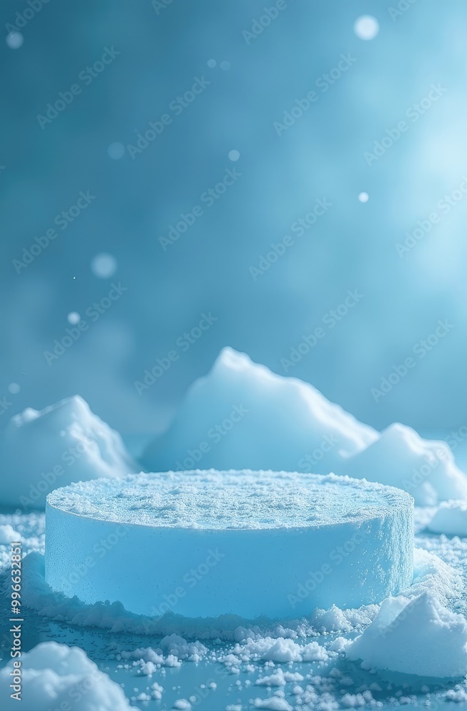 round podium made of ice on the background of snow-capped mountains round podium made of ice on the background of snow-capped mountains