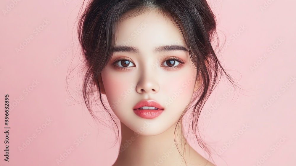 Close-up portrait of a young woman with soft features and natural makeup against a pastel pink background, embodying beauty and grace. Close-up portrait of a young woman with soft features and natural makeup against a pastel pink background, embodying beauty and grace.
