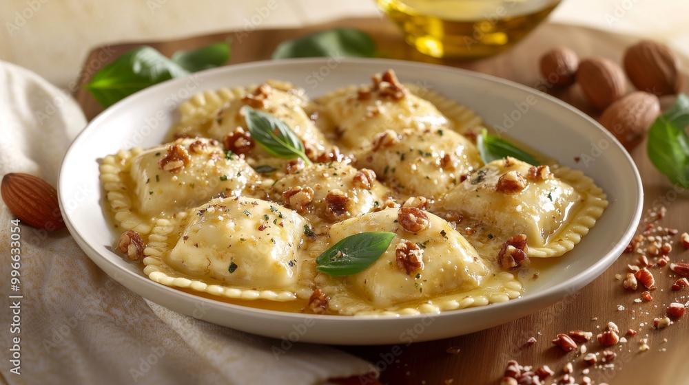 Rellenos raviolis servidos en salsa cremosa con nueces crujientes y hojas de albahaca fresca, presentados en un plato elegante sobre una mesa de madera. Rellenos raviolis servidos en salsa cremosa con nueces crujientes y hojas de albahaca fresca, presentados en un plato elegante sobre una mesa de madera.
