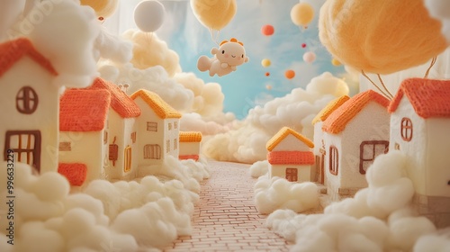 Cute plush Sunwukong flying above a street lined with wool felt balloons and cloud houses photo