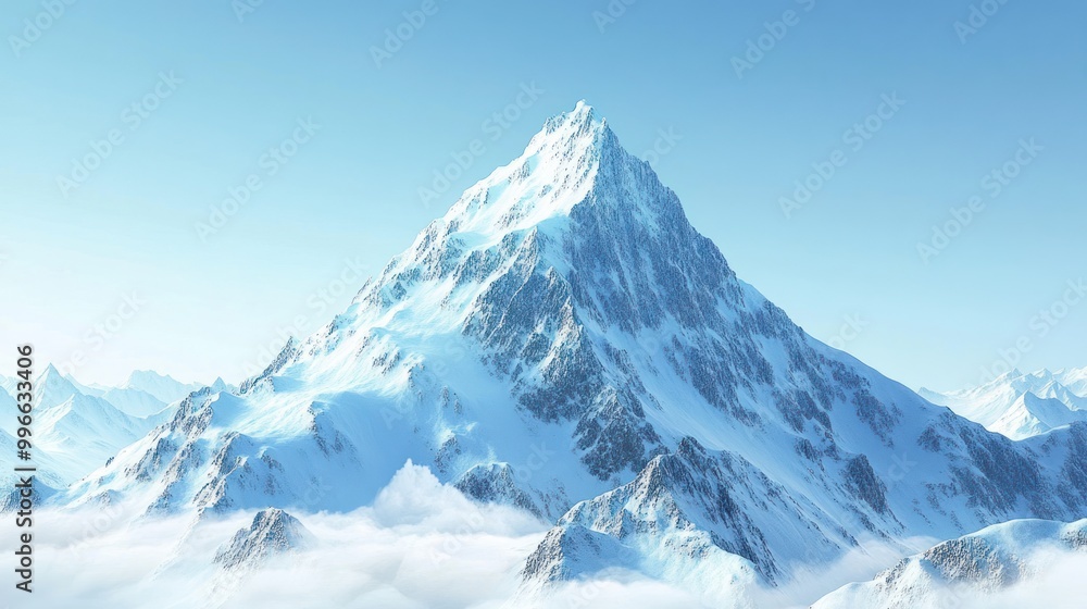 Snow-covered mountain peak rising above clouds in a clear blue sky. Snow-covered mountain peak rising above clouds in a clear blue sky.