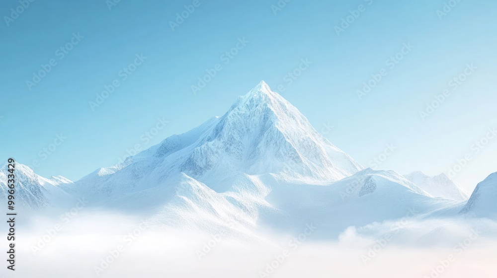 Snowy mountain peak with fog, blue sky. Snowy mountain peak with fog, blue sky.