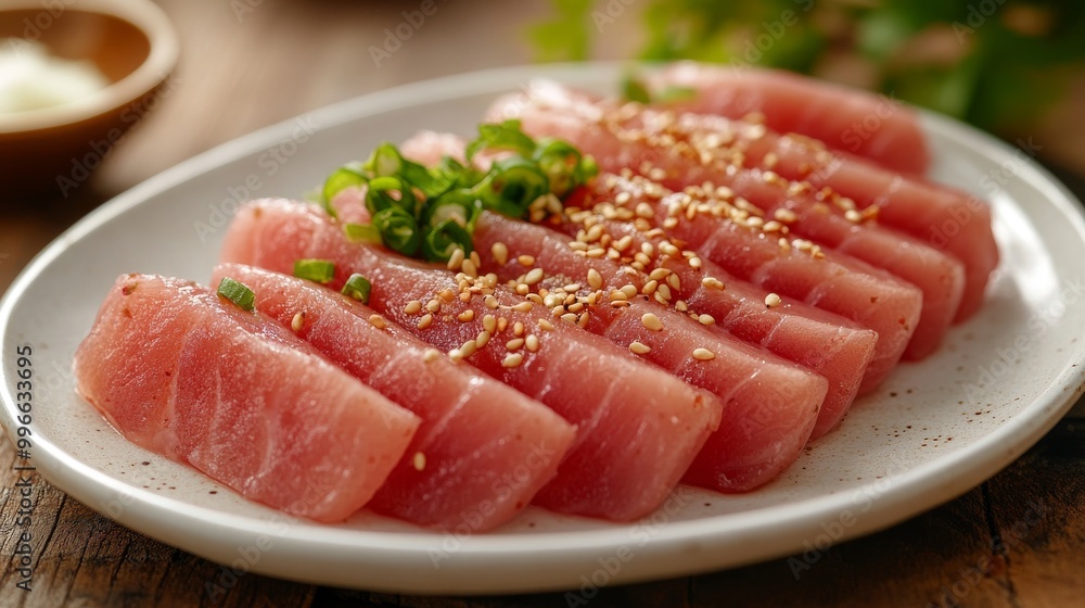 Finas láminas de atún fresco, servidas con semillas de sésamo y cebollino, acompañado de un toque de salsa de soya sobre un elegante plato de cerámica. Finas láminas de atún fresco, servidas con semillas de sésamo y cebollino, acompañado de un toque de salsa de soya sobre un elegante plato de cerámica.