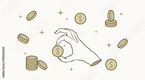 vector illustration of a hand gesture catching or holding coin. It can be used to describe saving money management, payment, financial planning, saving, business.