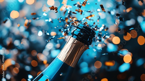 Celebration with champagne bottles popping, confetti exploding, and fireworks in the night sky, Confetti and Fireworks Night, Party explosion photo